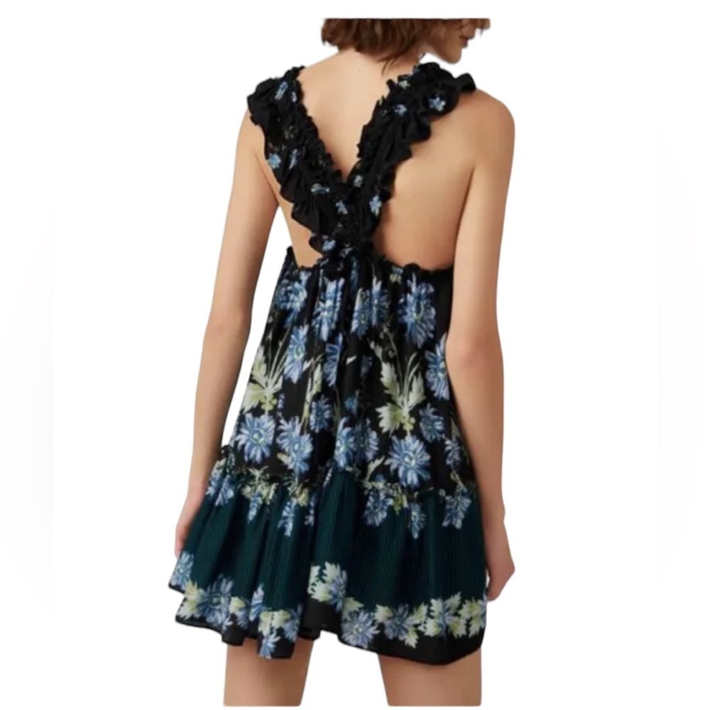 Free People Bali Wild Daisy Mini Slip On Black Ruffle Floral Dress